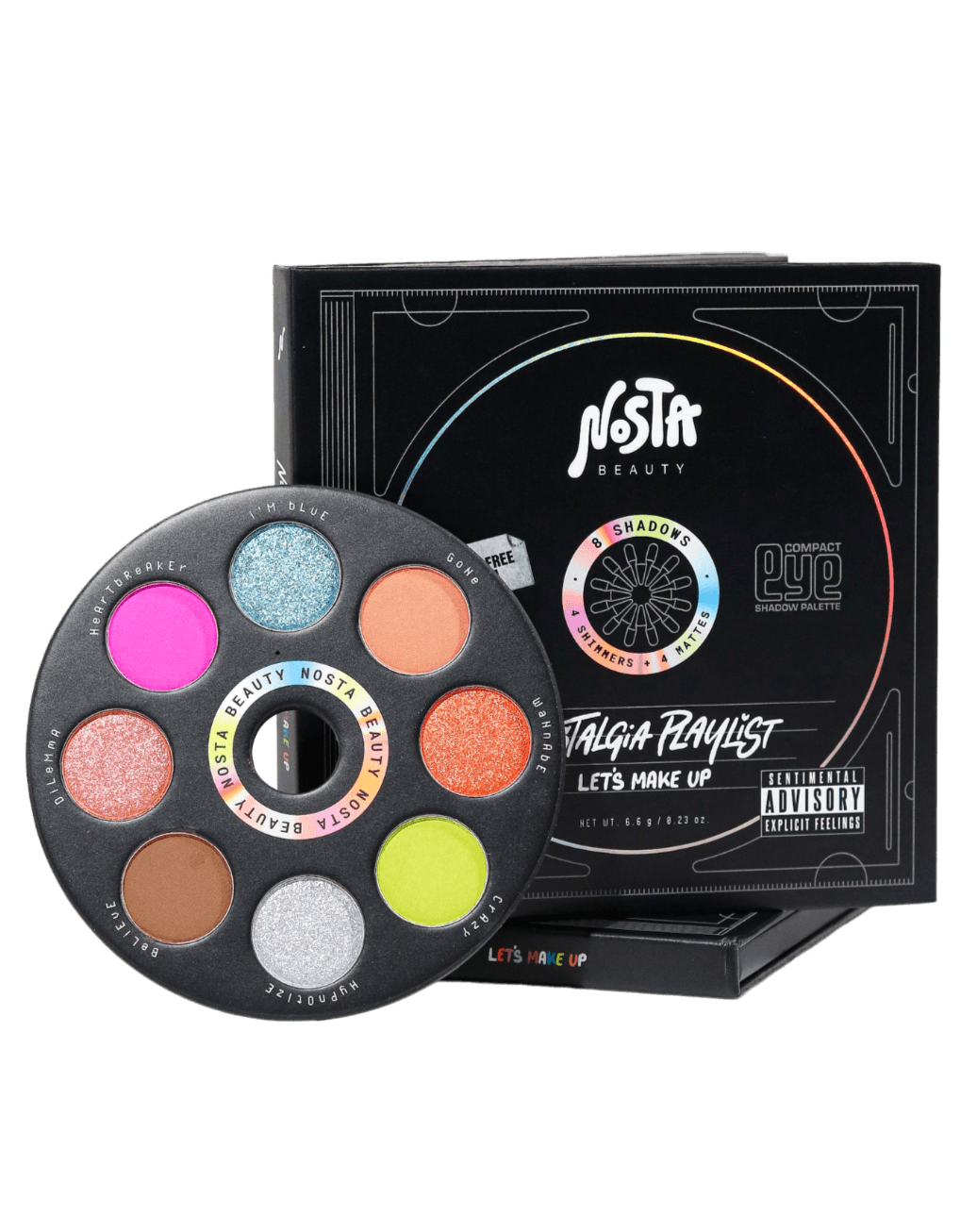 Nosta Beauty&#39;s talc free and organic cd eyeshadow palette. This 8-shade palette has 4 shimmer and 4 mattes with album-like packaging.